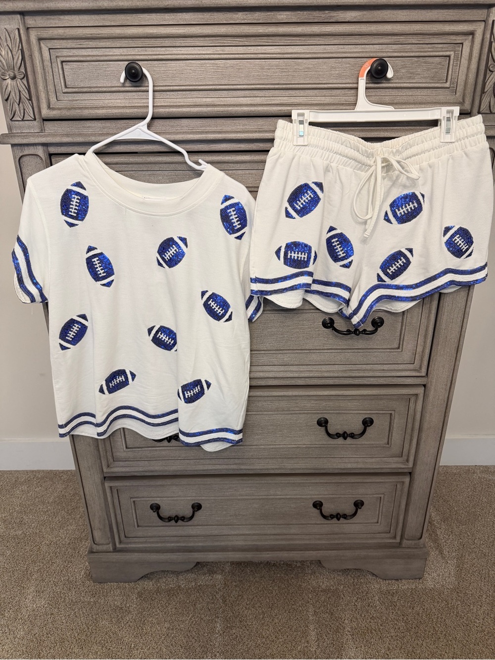 Blue and White Football Print Set - Short Sleeve Top & Shorts (large)